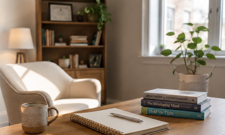 A calm, sunlit therapy office with an armchair, bookshelf and notebook on a wooden table